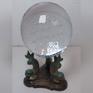 Vintage Controlled Bubble Glass Orb On Tripod Vertigris Patina Brass Fish Stand